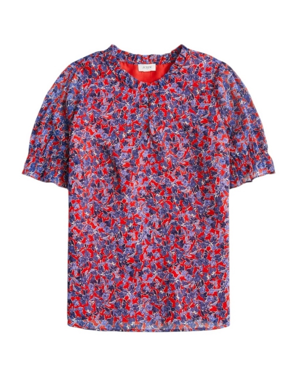 J. Crew Red and Blue Floral Short Sleeve Ruffleneck Top Size S